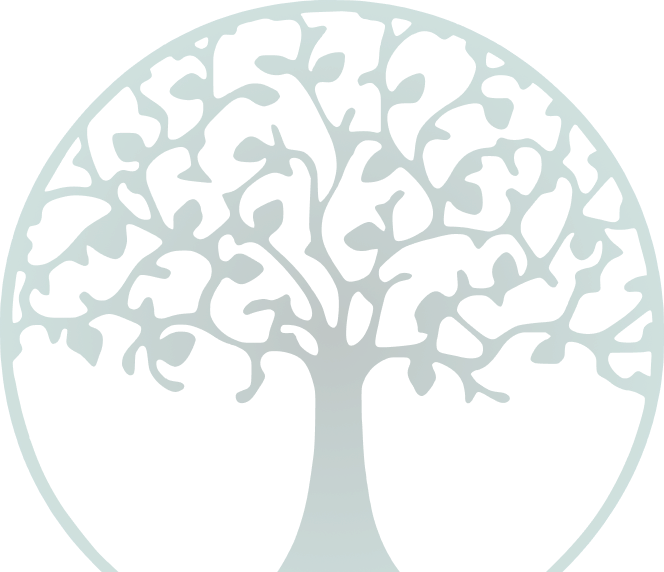 Circular teal emblem featuring a stylized tree with ornate branching inside a circle